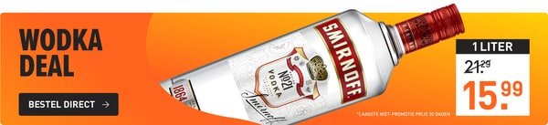 wodka deal: 1 liter smirnoff wodka van &euro;21,29 nu voor &euro;15,99